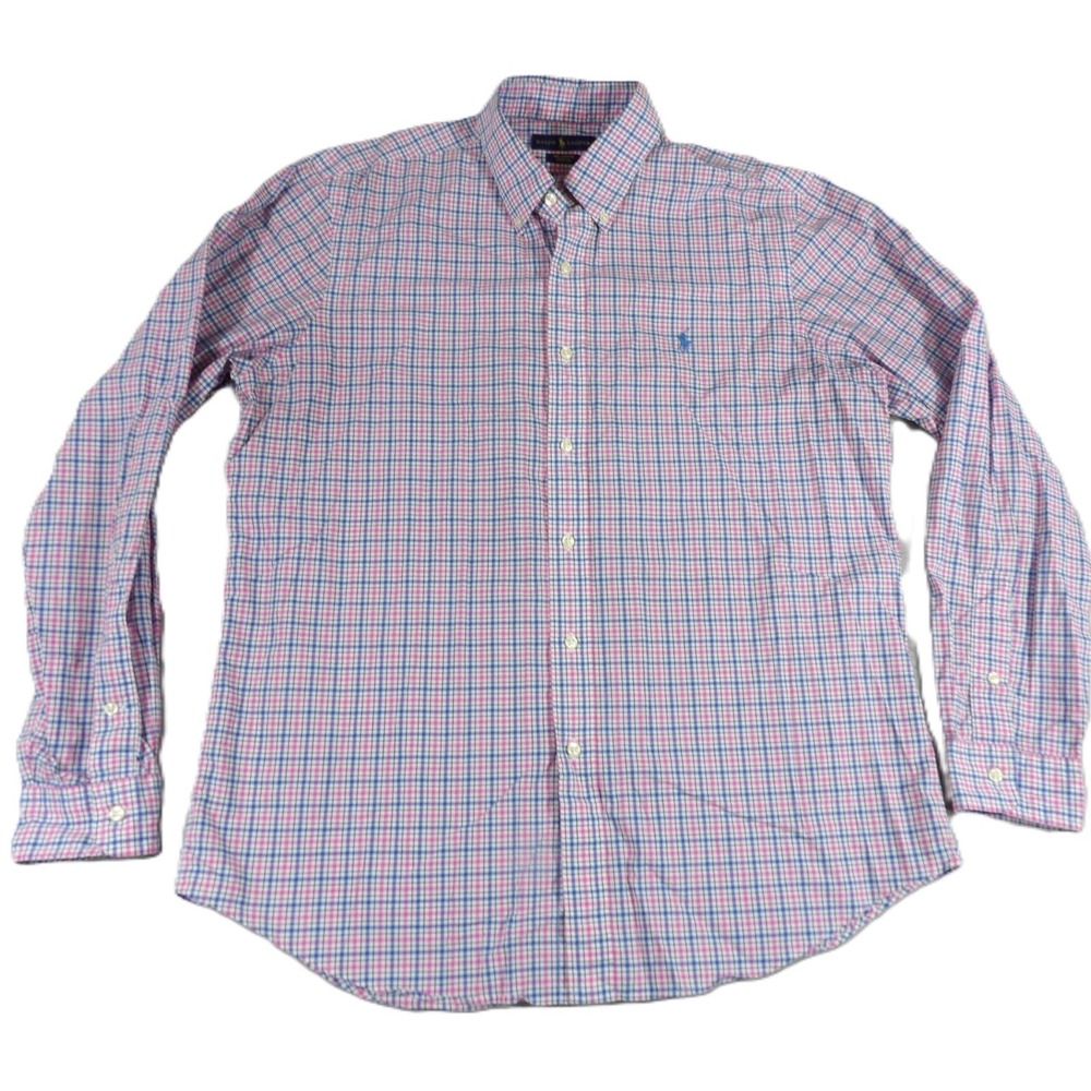 Ralph Lauren Shirt Men L Large Pink Blue Plaid Check Long Sleeve Cotton Stretch